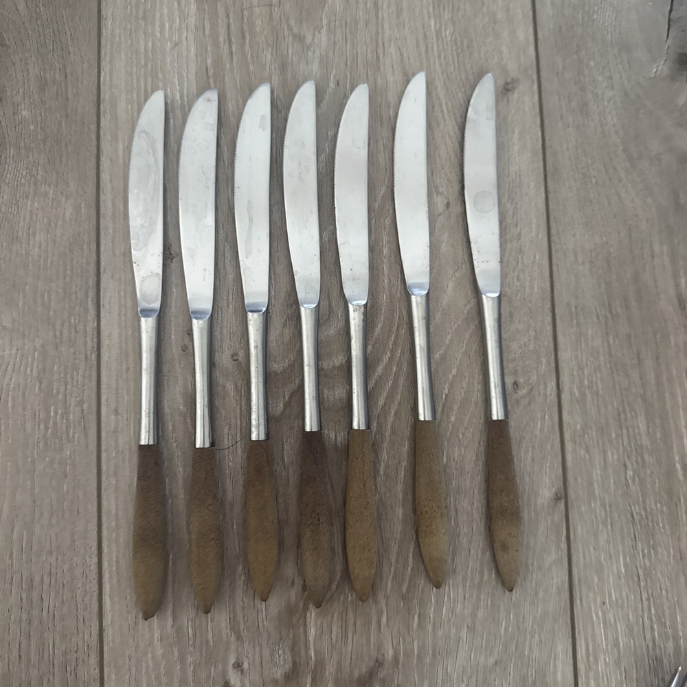 EPIC Forged Stainless Wood Handle Silverware Dinner Knives Set Of 7 Vintage MCM